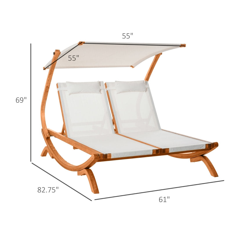 Deluxe 2 Person Double Flat Reclining Chaise Patio Deck Sun Lounger w Canopy, Wood Frame, Beige