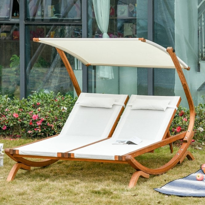 Deluxe 2 Person Double Flat Reclining Chaise Patio Deck Sun Lounger w Canopy, Wood Frame, Beige