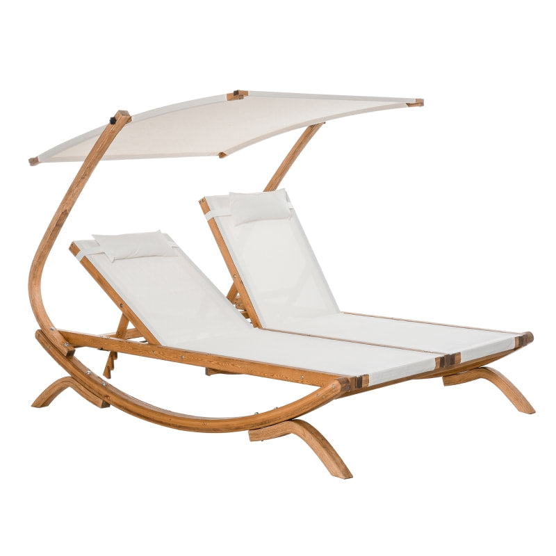 Deluxe 2 Person Double Flat Reclining Chaise Patio Deck Sun Lounger w Canopy, Wood Frame, Beige