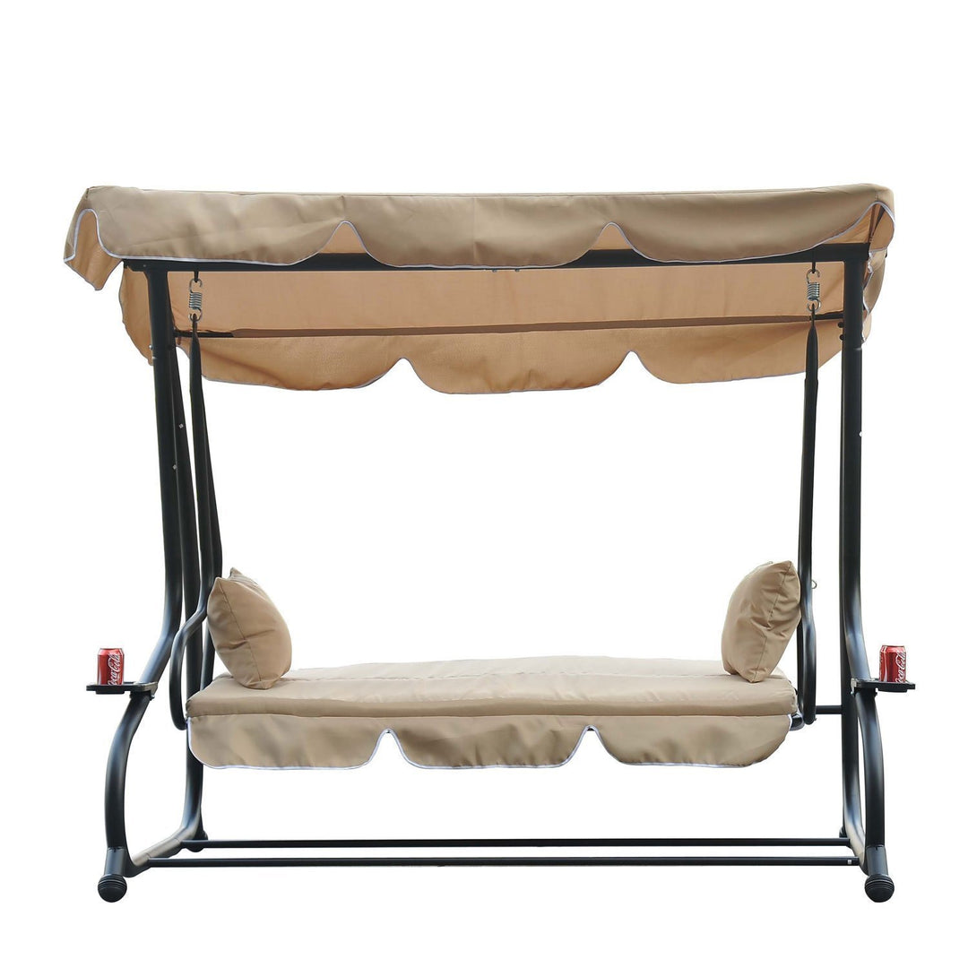 2-in-1 Outdoor 3-Seater Porch Swing / Day Bed w Canopy for Patio Backyard Garden Deck - Beige