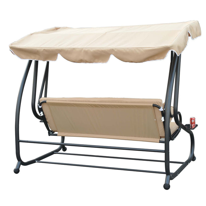 2-in-1 Outdoor 3-Seater Porch Swing / Day Bed w Canopy for Patio Backyard Garden Deck - Beige
