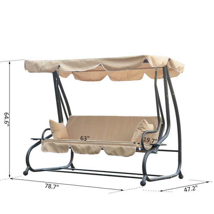 2-in-1 Outdoor 3-Seater Porch Swing / Day Bed w Canopy for Patio Backyard Garden Deck - Beige
