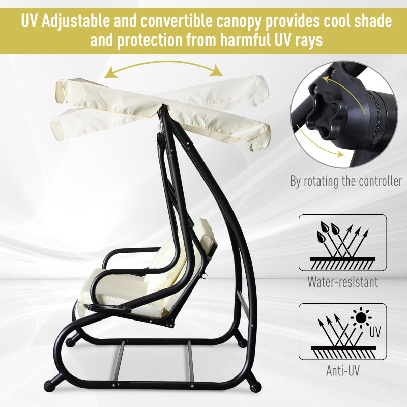 2-in-1 Outdoor 3-Seater Porch Swing / Day Bed w Canopy for Patio Garden Deck - Cream White