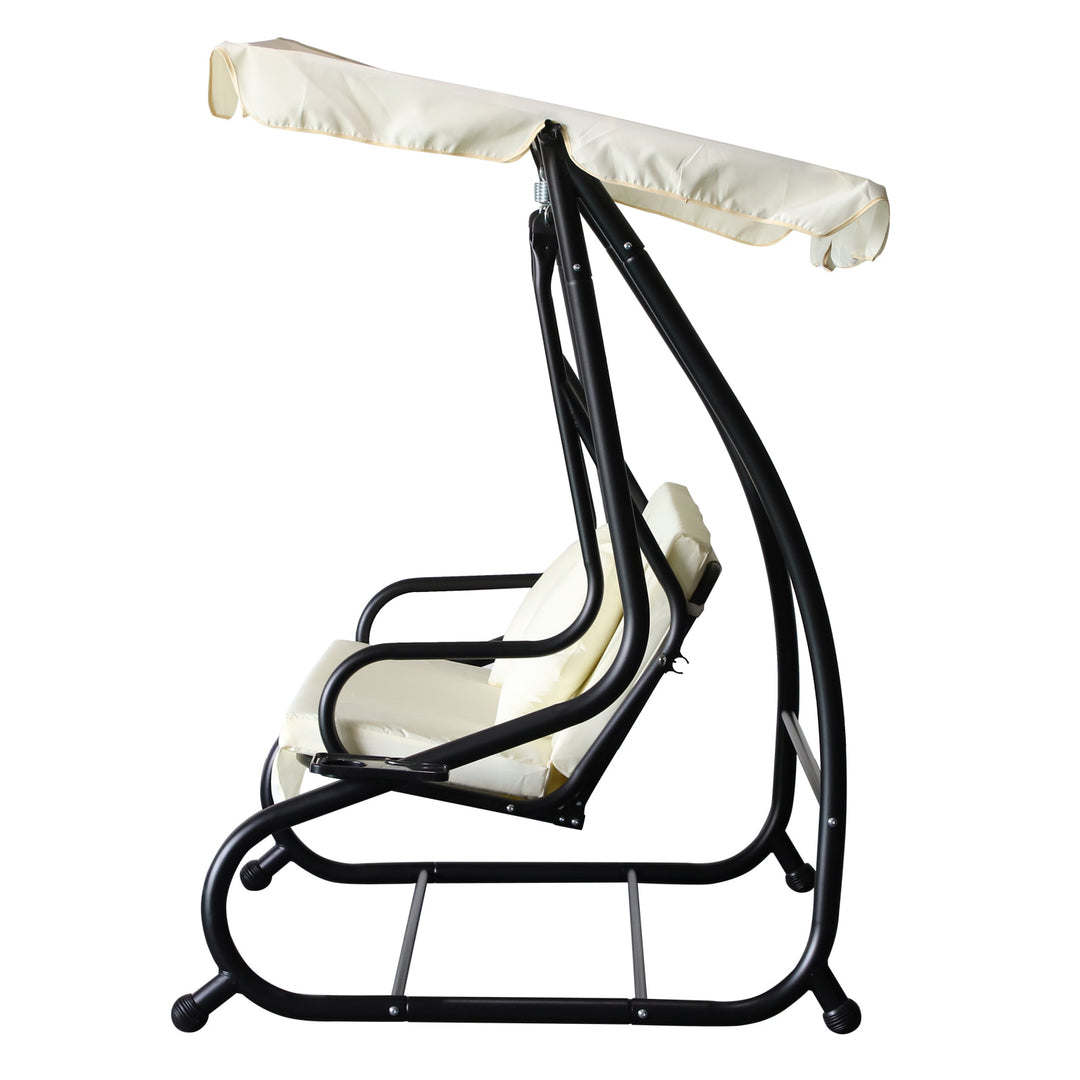2-in-1 Outdoor 3-Seater Porch Swing / Day Bed w Canopy for Patio Garden Deck - Cream White