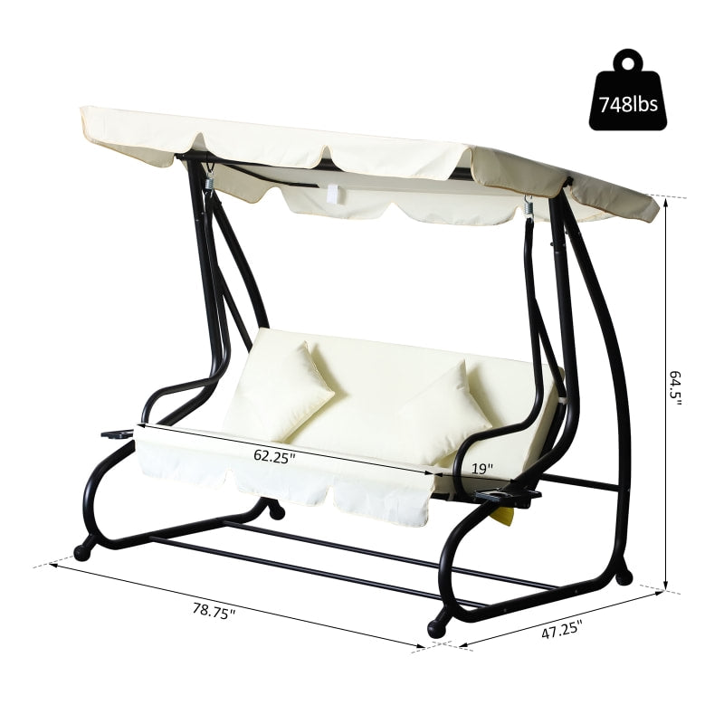 2-in-1 Outdoor 3-Seater Porch Swing / Day Bed w Canopy for Patio Garden Deck - Cream White