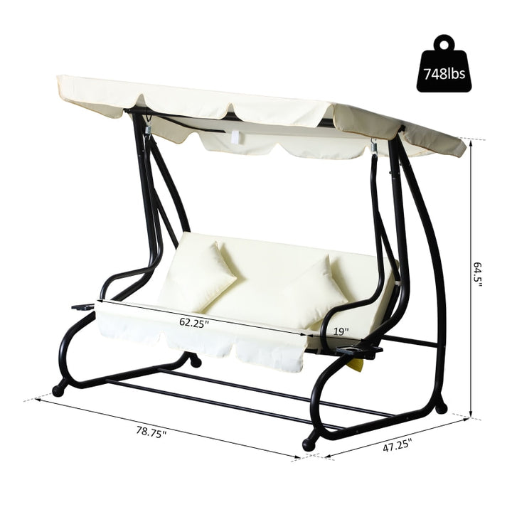 2-in-1 Outdoor 3-Seater Porch Swing / Day Bed w Canopy for Patio Garden Deck - Cream White