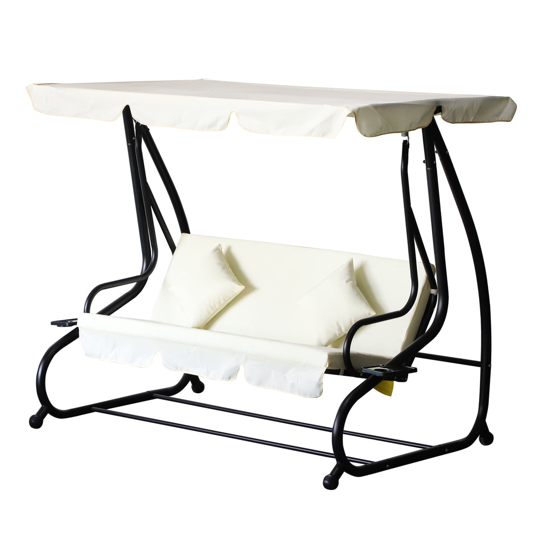 2-in-1 Outdoor 3-Seater Porch Swing / Day Bed w Canopy for Patio Garden Deck - Cream White
