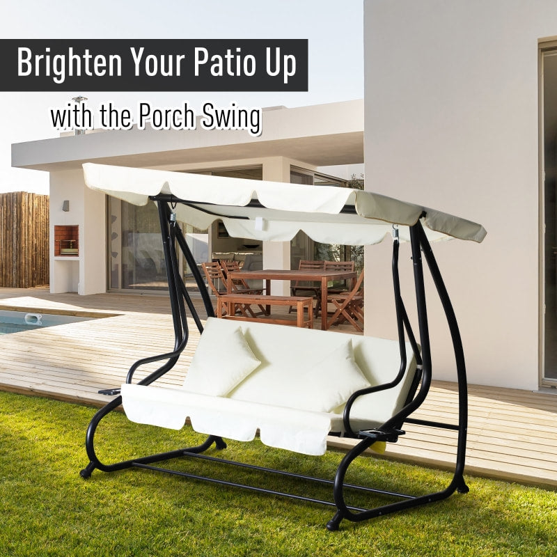 2-in-1 Outdoor 3-Seater Porch Swing / Day Bed w Canopy for Patio Garden Deck - Cream White