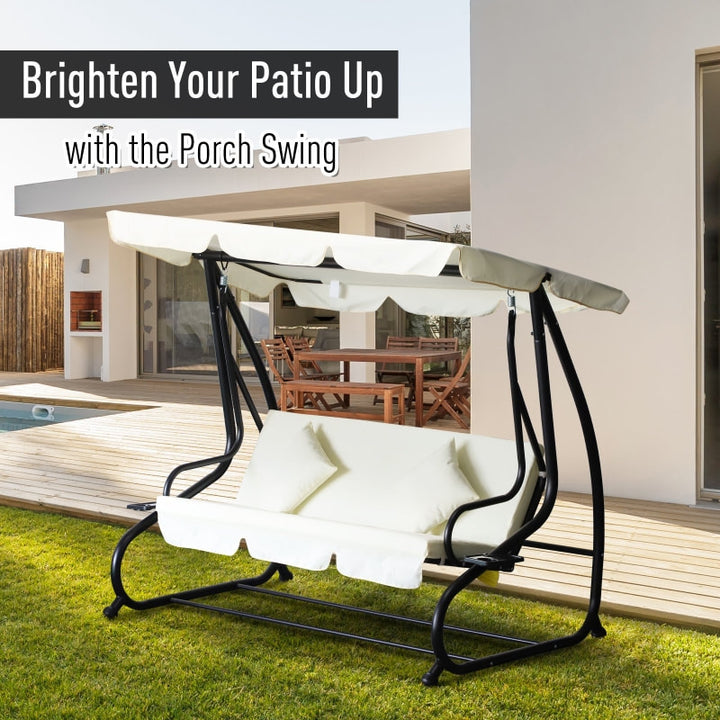 2-in-1 Outdoor 3-Seater Porch Swing / Day Bed w Canopy for Patio Garden Deck - Cream White