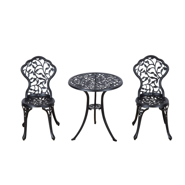 Antique 3pc Cast Aluminum Bistro Dining Table & Chair Set for Outdoor Garden Patio Deck - Black