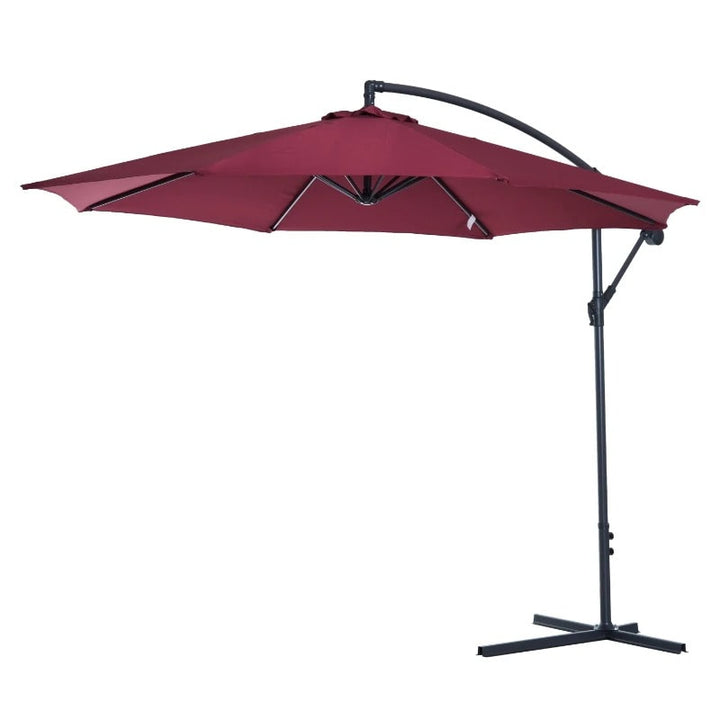 10ft Round Rotating Offset Hanging Banana Parasol Patio Umbrella w T Cross Base Stand, Wine Red