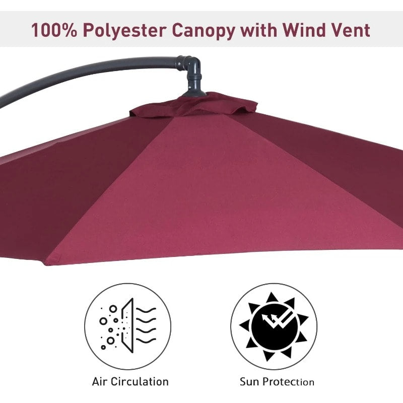 10ft Round Rotating Offset Hanging Banana Parasol Patio Umbrella w T Cross Base Stand, Wine Red