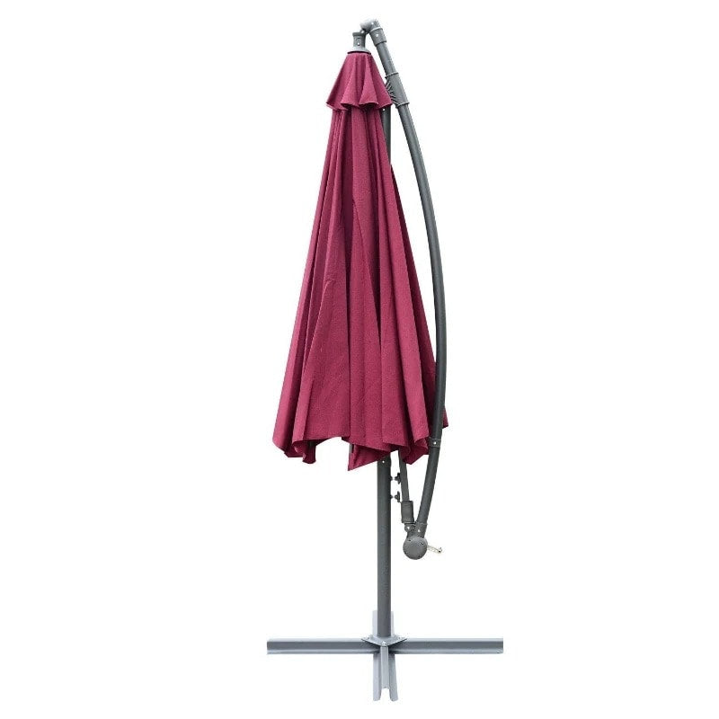10ft Round Rotating Offset Hanging Banana Parasol Patio Umbrella w T Cross Base Stand, Wine Red