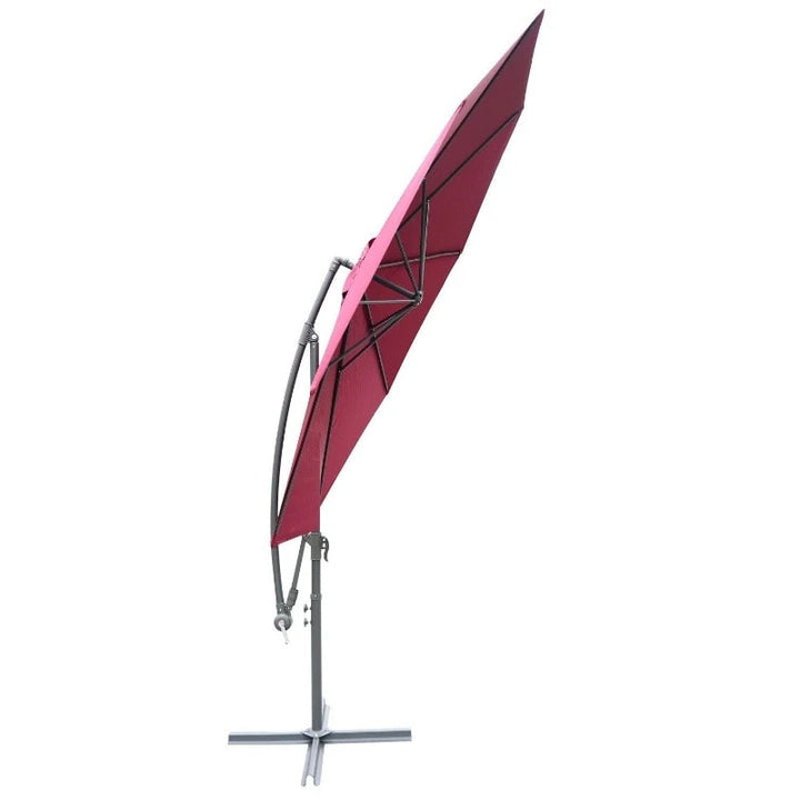 10ft Round Rotating Offset Hanging Banana Parasol Patio Umbrella w T Cross Base Stand, Wine Red