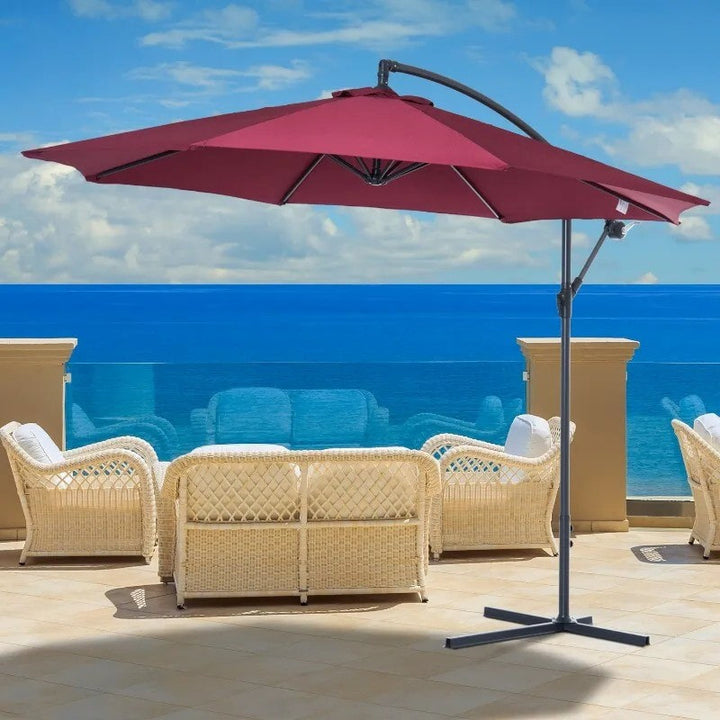 10ft Round Rotating Offset Hanging Banana Parasol Patio Umbrella w T Cross Base Stand, Wine Red