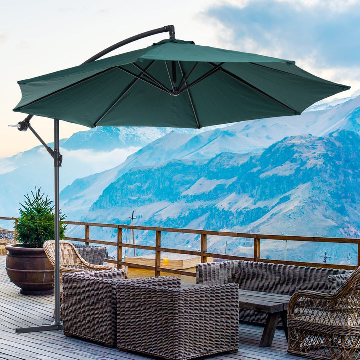 10ft Offset Hanging Cantilever Umbrella Patio Deck Canopy w Cross Base, Crank - Dark Green