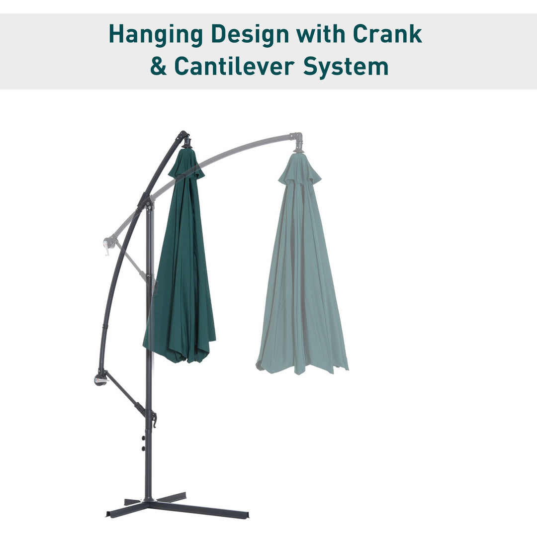 10ft Offset Hanging Cantilever Umbrella Patio Deck Canopy w Cross Base, Crank - Dark Green