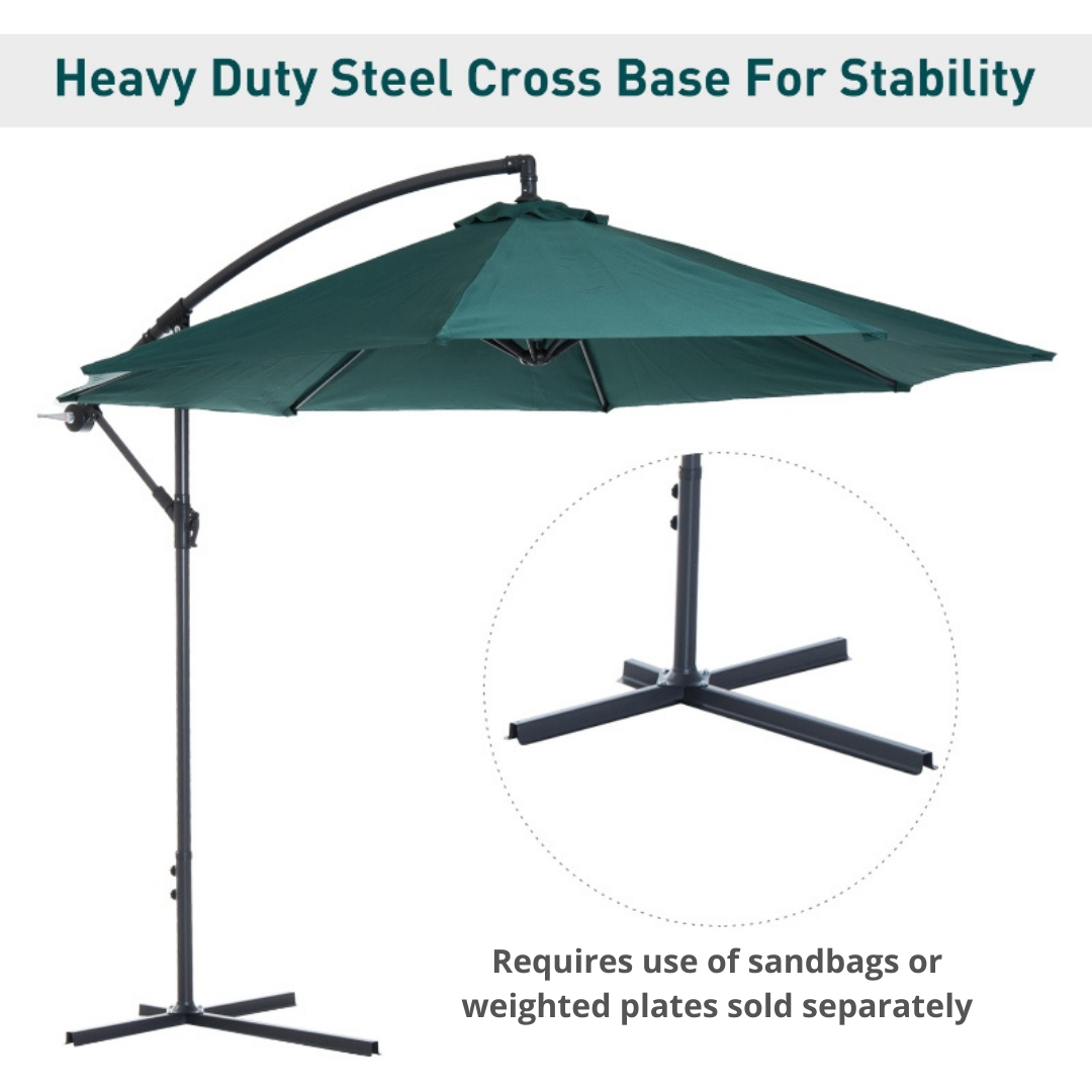 10ft Offset Hanging Cantilever Umbrella Patio Deck Canopy w Cross Base, Crank - Dark Green