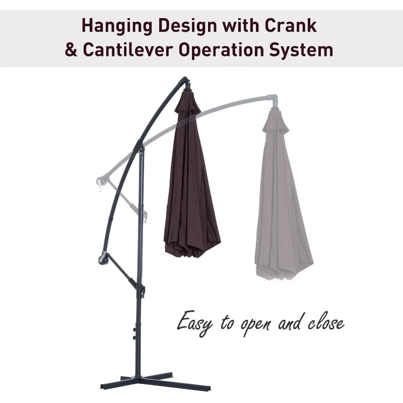 10ft Round Rotating Offset Hanging Banana Parasol Patio Umbrella w T Cross Base Stand, Dk Brown