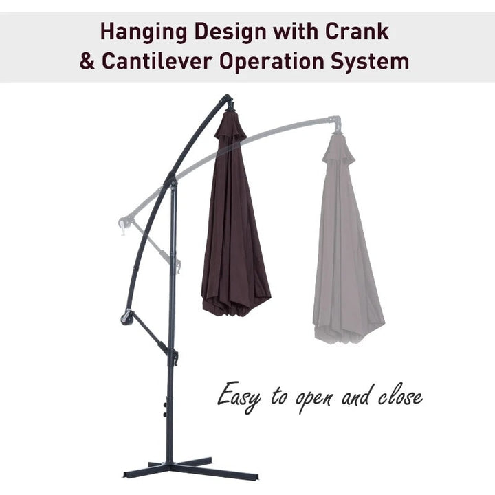 10ft Round Rotating Offset Hanging Banana Parasol Patio Umbrella w T Cross Base Stand, Dk Brown