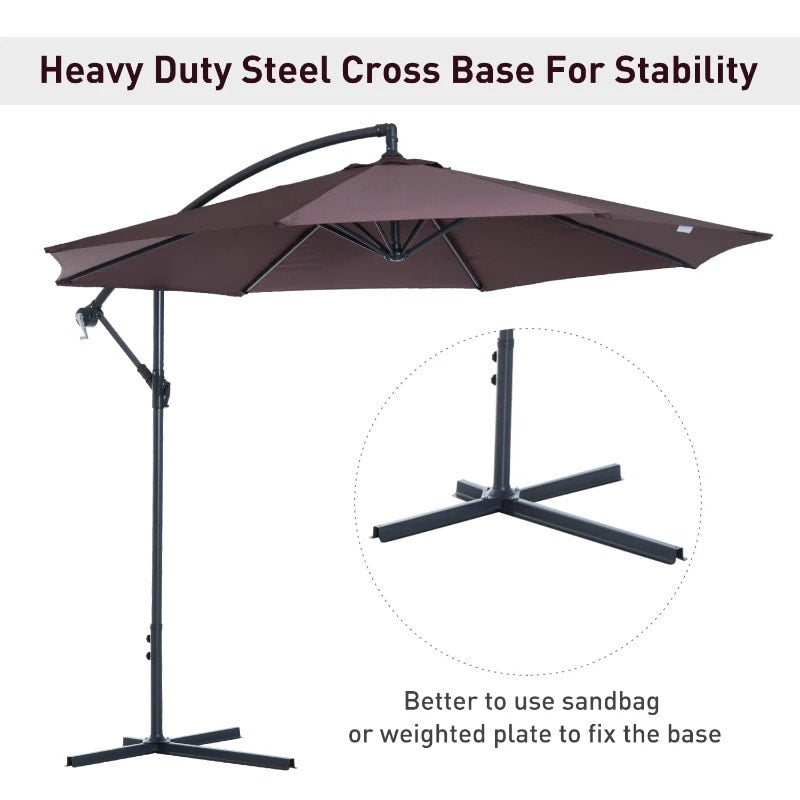 10ft Round Rotating Offset Hanging Banana Parasol Patio Umbrella w T Cross Base Stand, Dk Brown