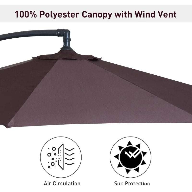 10ft Round Rotating Offset Hanging Banana Parasol Patio Umbrella w T Cross Base Stand, Dk Brown