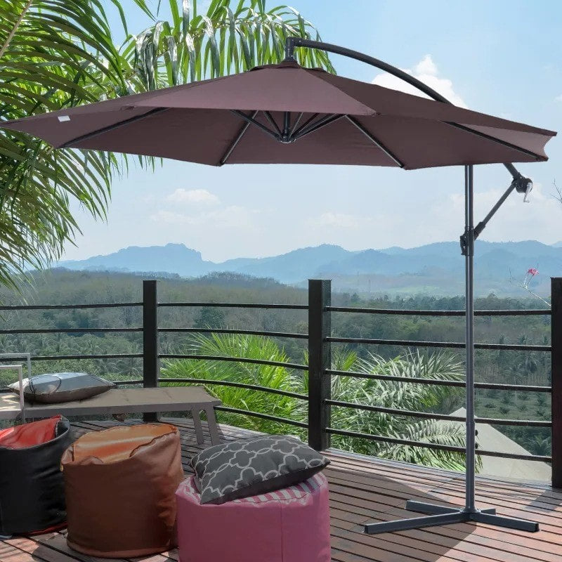 10ft Round Rotating Offset Hanging Banana Parasol Patio Umbrella w T Cross Base Stand, Dk Brown