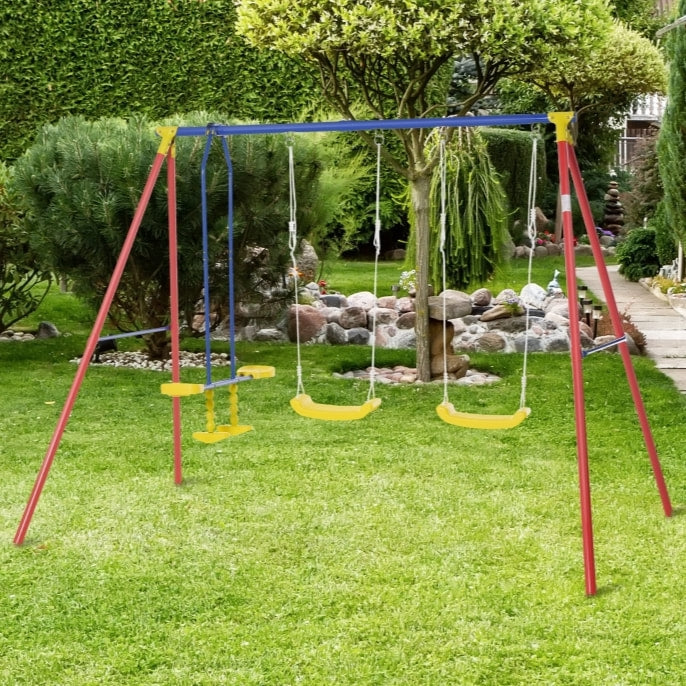 Kids 2 Seat & Glider Metal Outdoor Swing Play Set, A Frame Stand Children's Playground Backyard