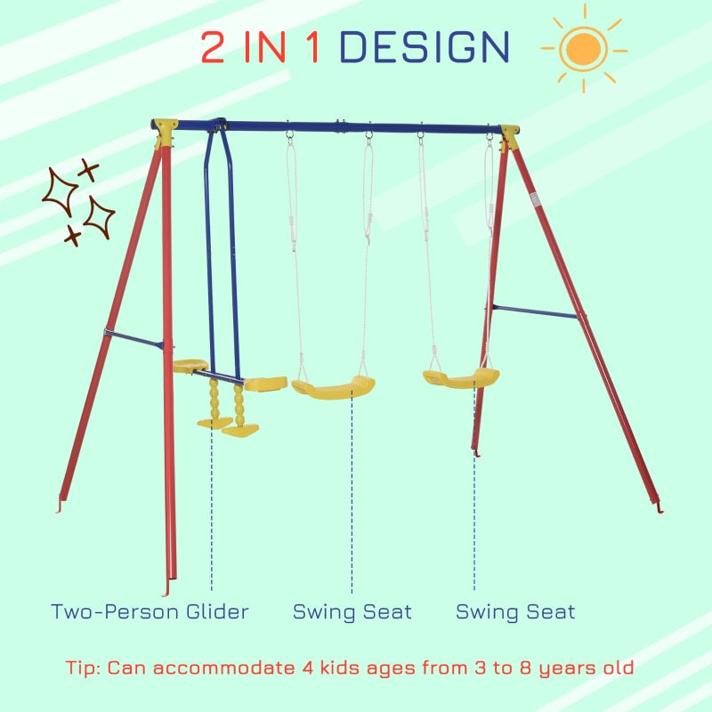 Kids 2 Seat & Glider Metal Outdoor Swing Play Set, A Frame Stand Children's Playground Backyard