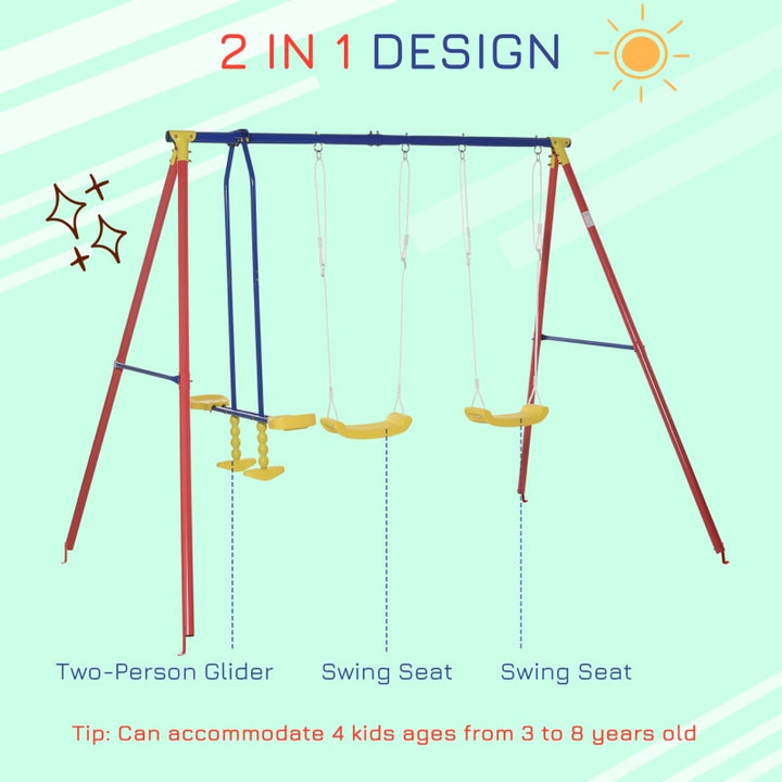 Kids 2 Seat & Glider Metal Outdoor Swing Play Set, A Frame Stand Children's Playground Backyard