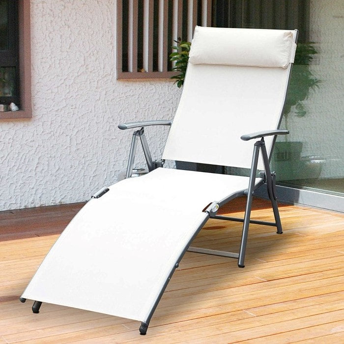 Heavy Duty 7 Position Flat Folding Reclining Sun Lounger Tanning Chair, Patio Deck, Cream White