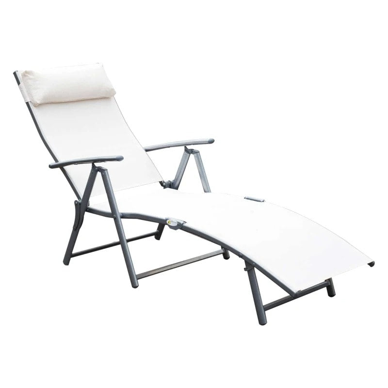 Heavy Duty 7 Position Flat Folding Reclining Sun Lounger Tanning Chair, Patio Deck, Cream White