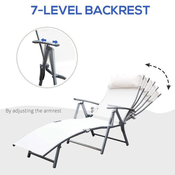 Heavy Duty 7 Position Flat Folding Reclining Sun Lounger Tanning Chair, Patio Deck, Cream White