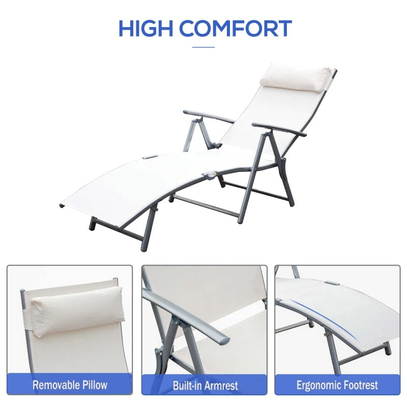 Heavy Duty 7 Position Flat Folding Reclining Sun Lounger Tanning Chair, Patio Deck, Cream White