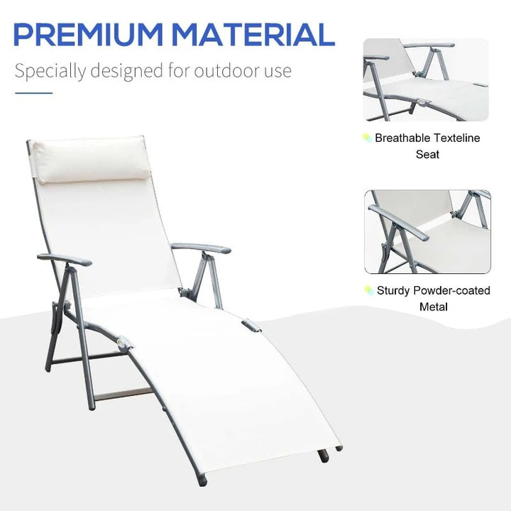 Heavy Duty 7 Position Flat Folding Reclining Sun Lounger Tanning Chair, Patio Deck, Cream White