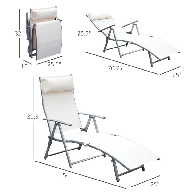 Heavy Duty 7 Position Flat Folding Reclining Sun Lounger Tanning Chair, Patio Deck, Cream White