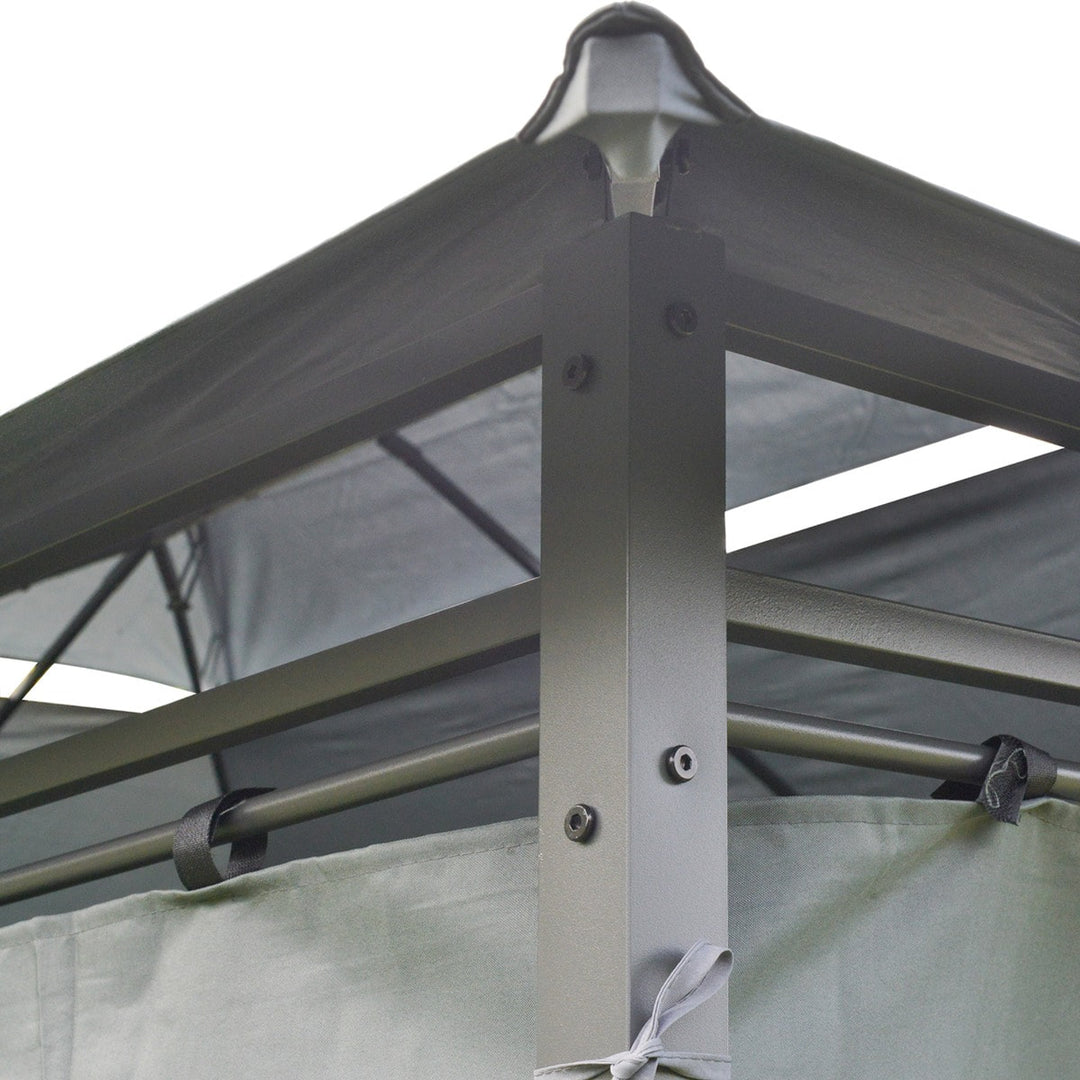 10' x 13' Steel Gazebo Canopy Shelter w Tiered Fabric Roof, Curtains, Outdoor Deck Patio, Grey