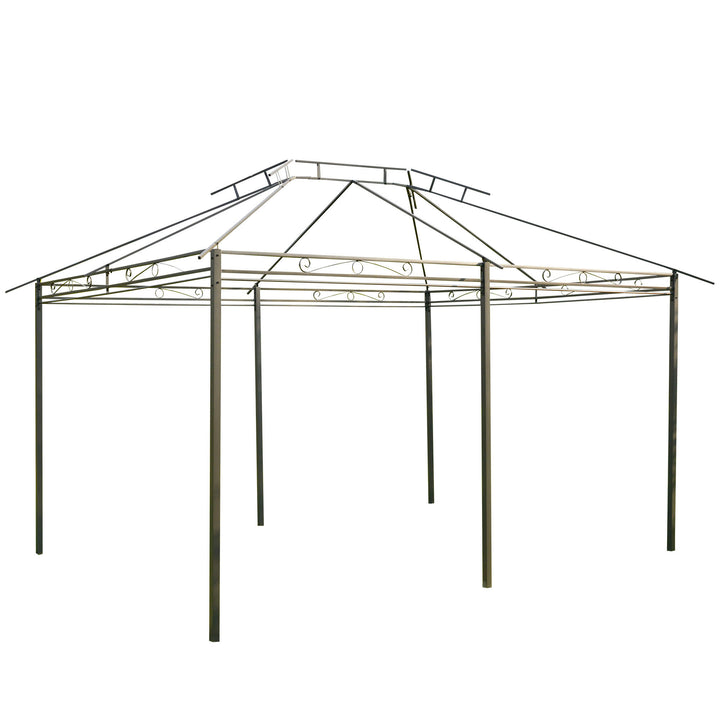 10' x 13' Steel Gazebo Canopy Shelter w Tiered Fabric Roof, Curtains, Outdoor Deck Patio, Grey