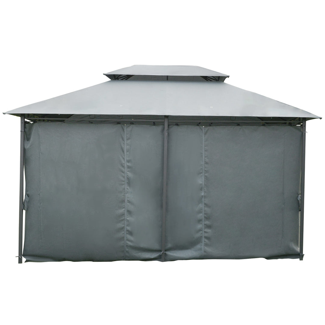 10' x 13' Steel Gazebo Canopy Shelter w Tiered Fabric Roof, Curtains, Outdoor Deck Patio, Grey