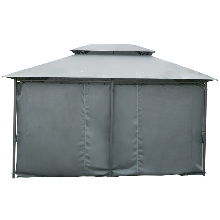 10' x 13' Steel Gazebo Canopy Shelter w Tiered Fabric Roof, Curtains, Outdoor Deck Patio, Grey