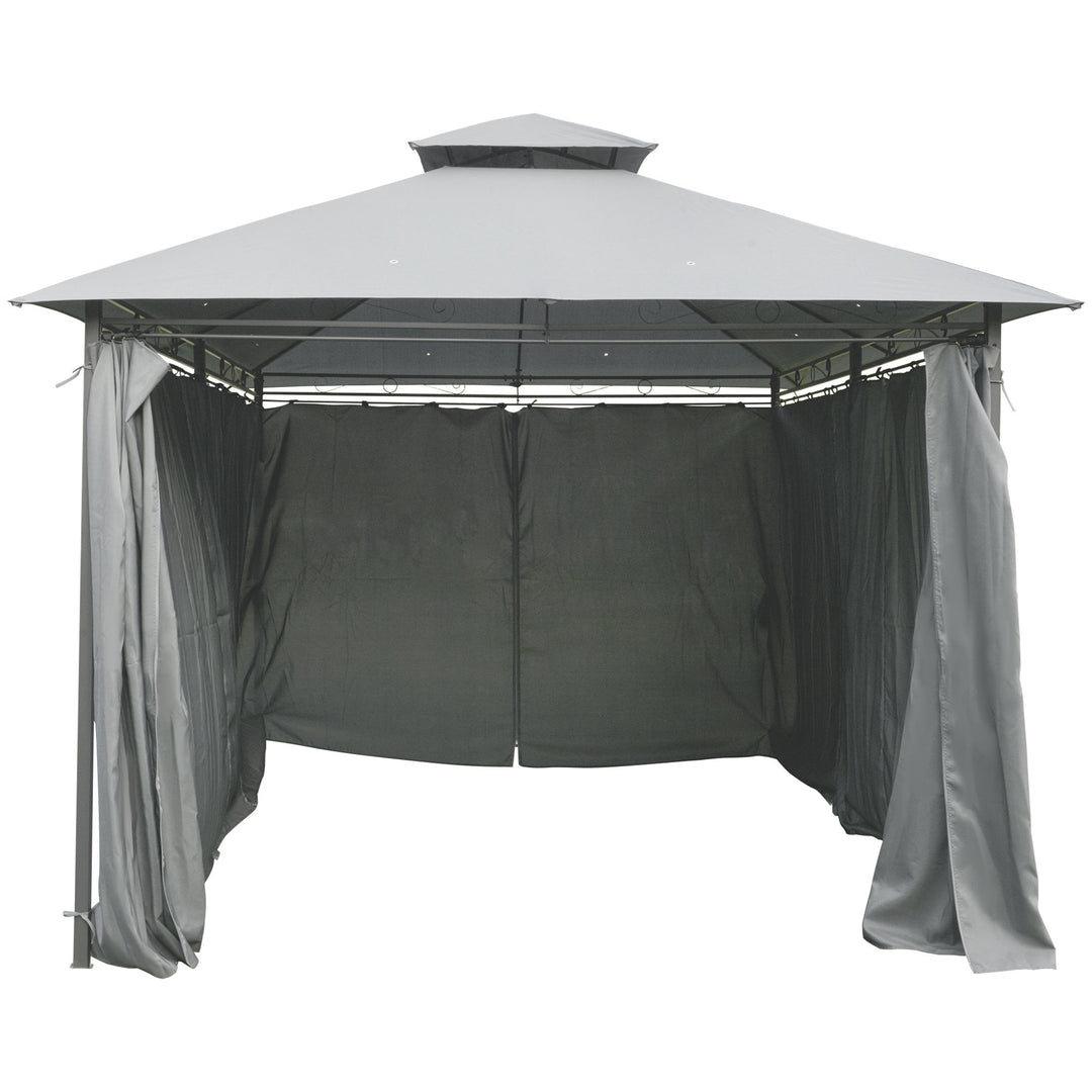 10' x 13' Steel Gazebo Canopy Shelter w Tiered Fabric Roof, Curtains, Outdoor Deck Patio, Grey
