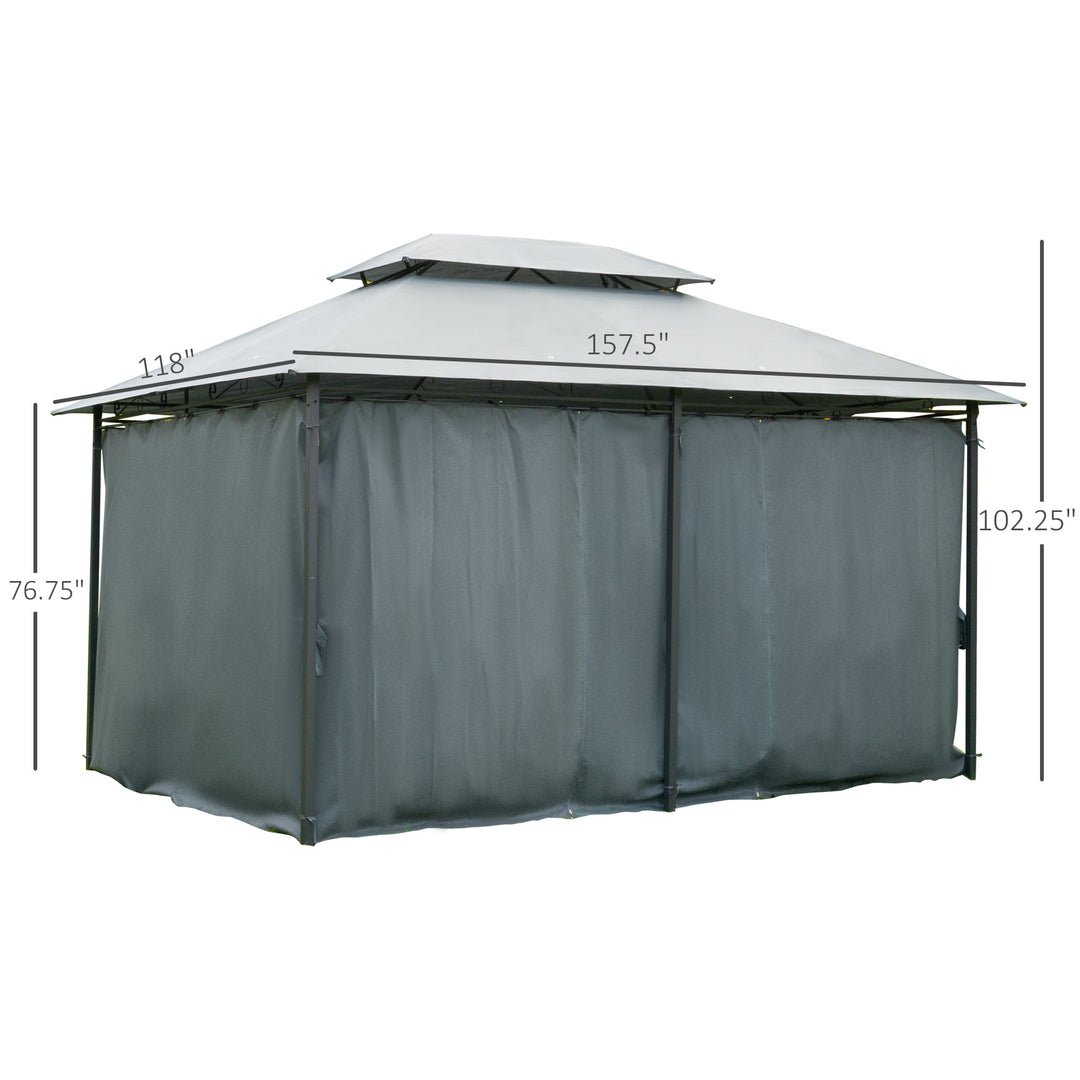 10' x 13' Steel Gazebo Canopy Shelter w Tiered Fabric Roof, Curtains, Outdoor Deck Patio, Grey