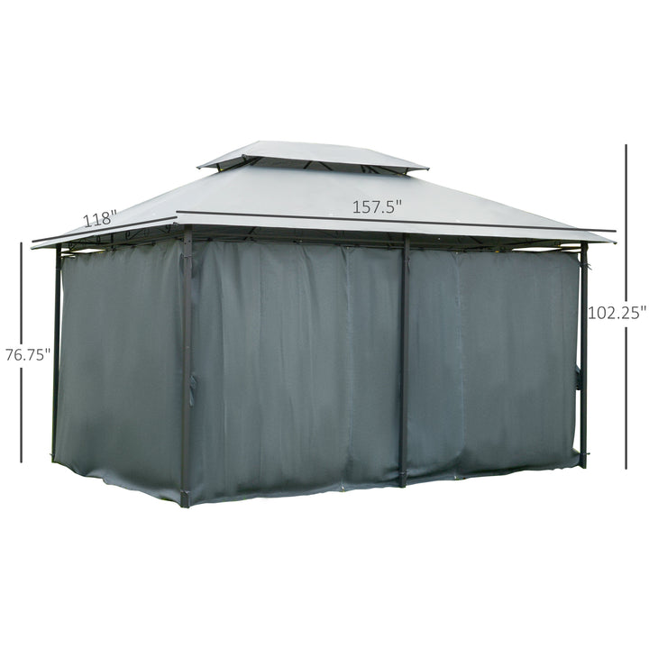 10' x 13' Steel Gazebo Canopy Shelter w Tiered Fabric Roof, Curtains, Outdoor Deck Patio, Grey