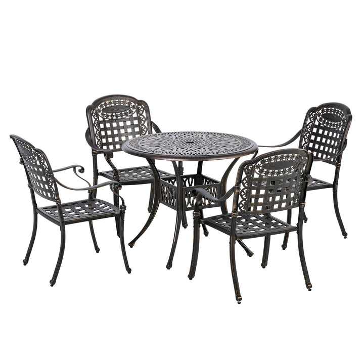5pc Cast Aluminum Dining Bistro Set w/ Umbrella Hole for Outdoor Patio - Bronze