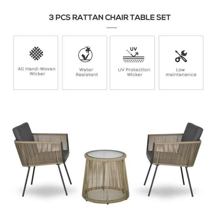 3pc Modern PE Rattan Webbed Wicker Metal Bistro Set w Cushions Patio Deck - Khaki Beige, Grey