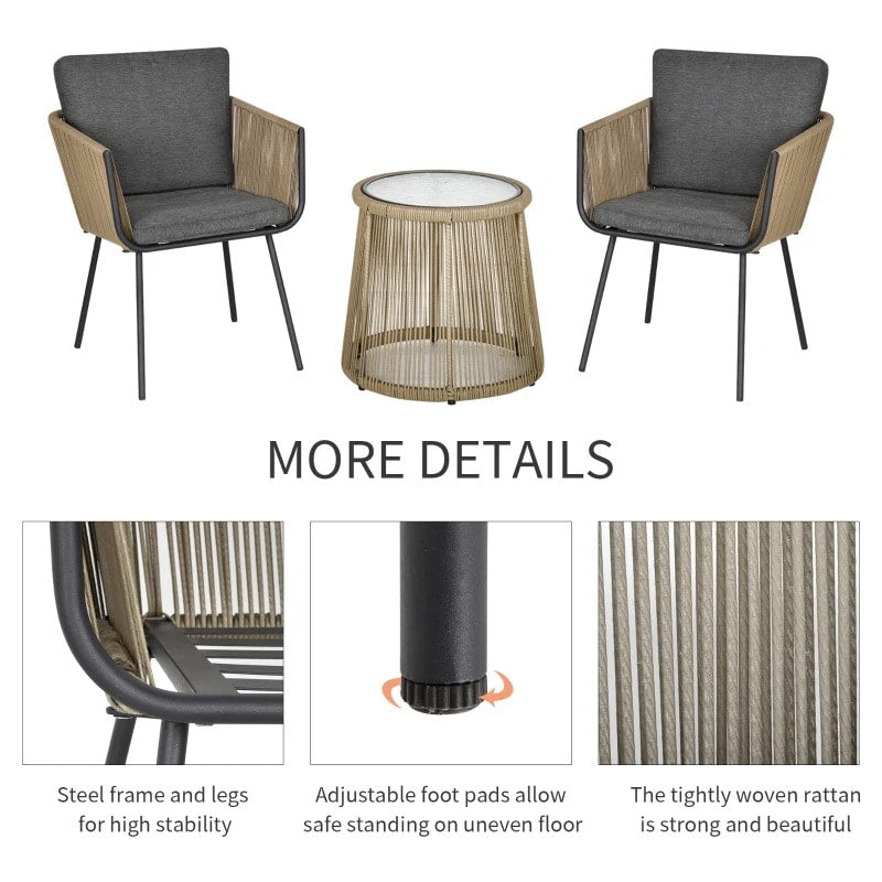 3pc Modern PE Rattan Webbed Wicker Metal Bistro Set w Cushions Patio Deck - Khaki Beige, Grey