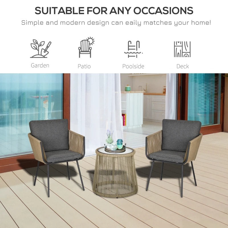 3pc Modern PE Rattan Webbed Wicker Metal Bistro Set w Cushions Patio Deck - Khaki Beige, Grey