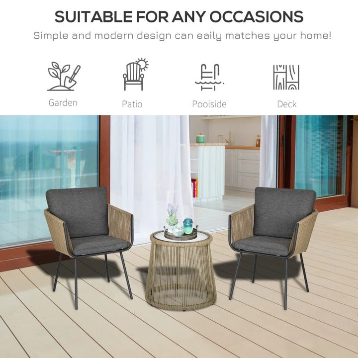 3pc Modern PE Rattan Webbed Wicker Metal Bistro Set w Cushions Patio Deck - Khaki Beige, Grey