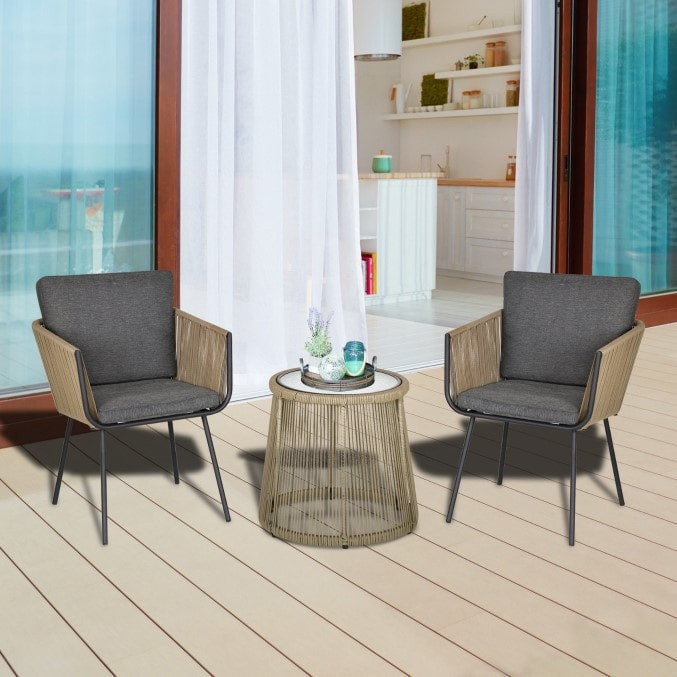 3pc Modern PE Rattan Webbed Wicker Metal Bistro Set w Cushions Patio Deck - Khaki Beige, Grey