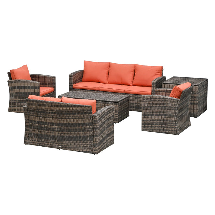 6pc Premium PE Rattan Wicker Conversation Patio Set w/ Cushion Storage, 2 Tables, Brown, Orange